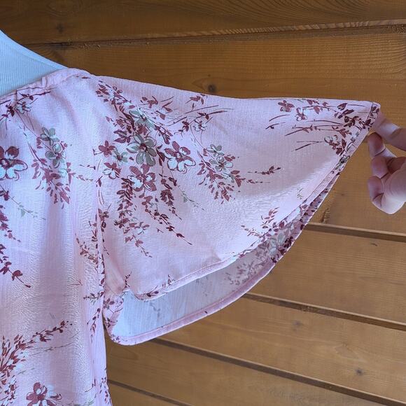 Vintage 70's Pink Floral Boho Cottagecore Pastel Flutter Sleeve Blouse Shirt Top - Picture 4 of 6